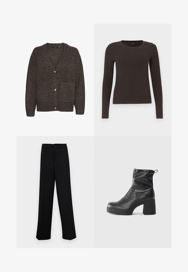 Cárdigan de lana marrón con escote en V, tres botones, dos bolsillos frontales y detalles de canalé en el dobladillo y los bolsillos.; Top marrón de manga larga y con ribete, con cuello redondo. Fabricado con un material suave y elástico, presenta una silueta ajustada y un diseño minimalista.; Pantalones de pierna ancha negros, hechos de un tejido suave, con una cintura clásica que incluye un cierre de botón y pliegues frontales.; Botines negros de tobillo, hechos de cuero suave, con cierre lateral, tacón grueso texturizado y diseño de punta redondeada.