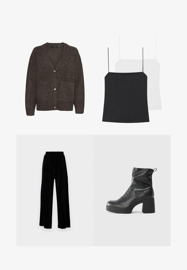 Rudos vilnos kardiganas su V formos iškirpte, trimis mygtukais, dviem priekinių kišenėmis ir surištais akcentais apatine dalimi bei kišenėmis.; Pateikiamos dvi liemenėlės: viena juoda, kita balta. Abi turi plonas petnešas ir prigludusį dizainą, pagamintos iš lygaus, elastingo audinio.; Juoda plataus kirpimo kelnių pora, pagaminta iš minkštos velveto medžiagos, su elastingu juosmeniu ir glotnia tekstūra, be matomų detalių ar raštų.; Juodos kulkšninių botai, pagaminti iš lygaus odos, su šoniniu užtrauktuku, masyviu tekstūruotu kulnu ir apvaliu pirštu.