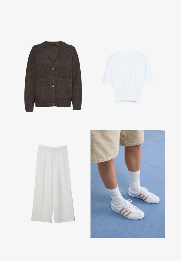 Hnědý vlněný cardigan s V-výstřihem, třemi knoflíky, dvěma předními kapsami a ribbed detaily na dolním lemu a kapsách.; Bílý tričko s krátkým rukávem, se volným střihem a nařasenou texturou v pase. Vyrobeno z měkkého, lehkého materiálu.; Bílé kalhoty s širokými nohavicemi vyrobené z lehké tkaniny, s elastickým pasem a stahovací šňůrkou pro nastavitelnou velikost. Hladká textura.; Bílé tenisky se třemi zlatými pruhy, šněrovací design, gumová podrážka, nošeny s žebrovanými bílými ponožkami a béžovými kraťasy na modrém povrchu.