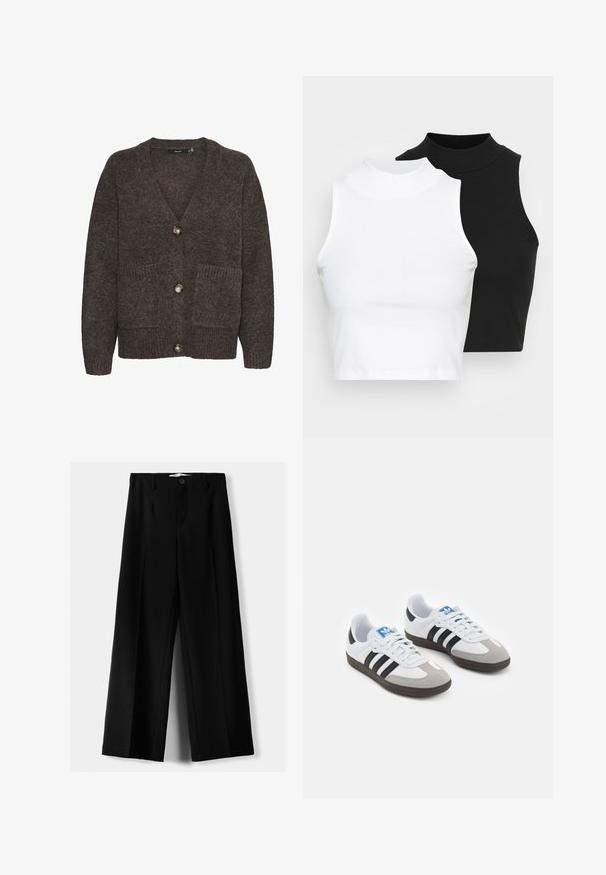 Smeđi vuna kardigan s V-izrezom, tri gumba, dva prednja đepa i rebrasti detalji na rubu i džepovima.; Dvije bezrukavne rebraste majice s visokim ovratnikom u crnoj i bijeloj boji, s prilagođenim dizajnom i glatkom teksturom, te skraćenom dužinom.; Crne široke hlače izrađene od lagane tkanine, s prednjim zatvaranjem na dugme i ravnim prednjim dijelom, sa uredno šivenim rubovima.; Sportske cipele s gornjištem od bijele kože, sivi suedinasti nos i tri crne pruge. Imaju plavi logo na jeziku i teksturiranu gumenu podlogu.