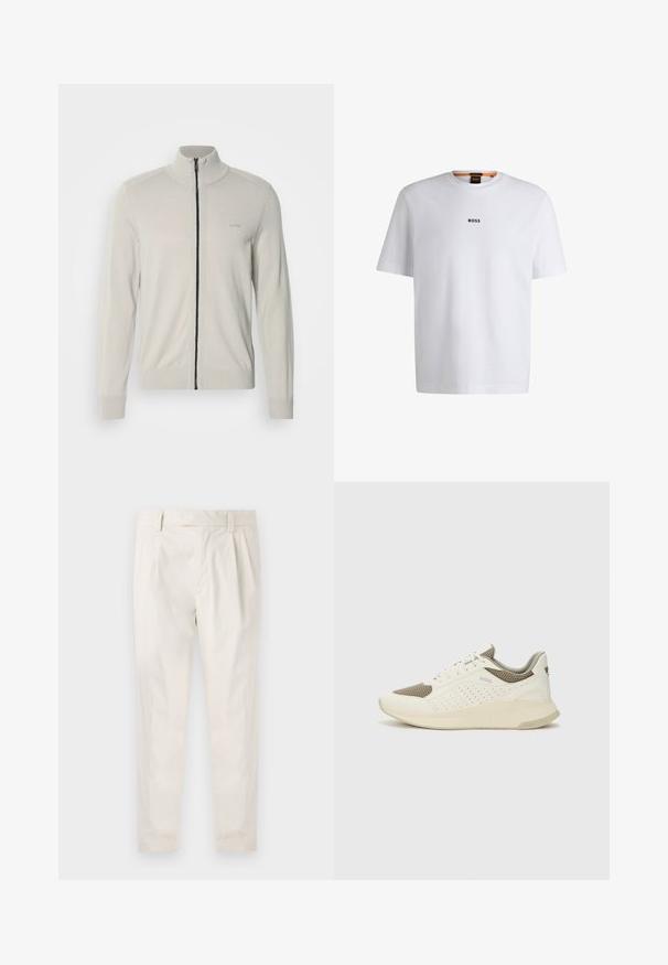 Helehall kõrge kaelusega lukuga sviiter, vooderdatud mansettide ja alumise äärega, mille rinnal on peen logo ja kontrastne must lukustus.; Valge puuvillane T-särk lühikeste varrukatega, millel on must "BOSS" logo, mis on keskendatud rinnale, ja ümmargune kaelaava disain.; Valged volditud püksid, mis on kohandatud sobivusega, sujuva tekstuuriga, vööloopidega ja kitsenevate jalgadega. Pole nähtavaid taskuid ega mustreid.; Valge ja heledat beeži värvi spordijalats, millel on õhuke võrkmaterjal, perforatsioonidega detailid ning tekstuuriga vahetald, millel on brändi logo kannaosas.