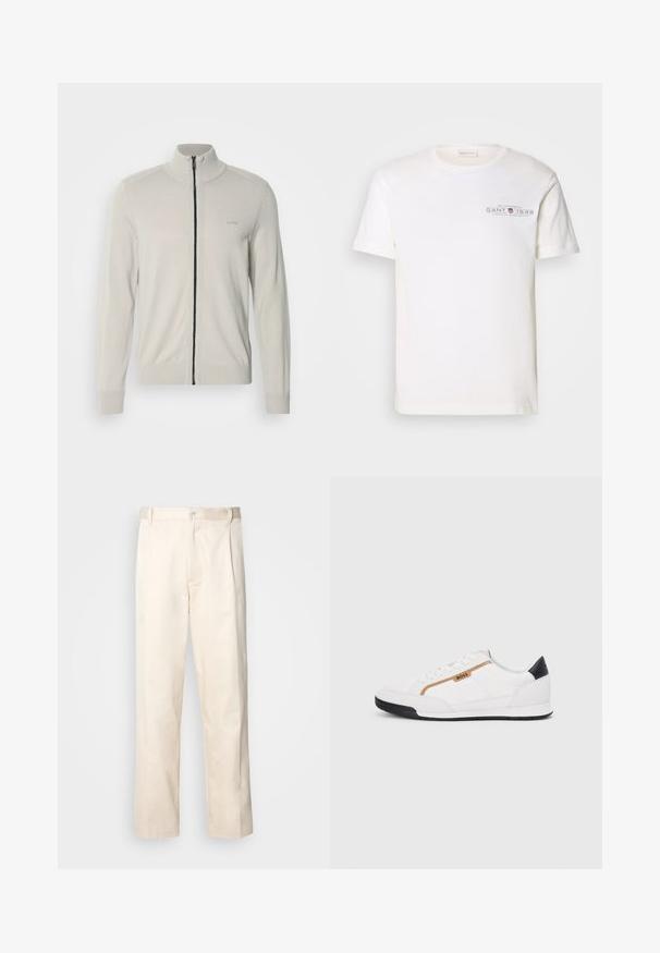 Sweater cinza claro com fecho zip, colarinho alto, punhos e bainha canelados, apresentando um logótipo subtil no peito e um fecho preto em contraste.; T-shirt de algodão branco com decote redondo, mangas curtas e logotipo impresso. Apresenta um design minimalista e um corte relaxado.; Calças de algodão bege com corte reto, apresentando um fecho de botão e pregas na frente para um detalhe adicional.; Tênis atléticos brancos com detalhes em malha e couro. Apresenta um logotipo dourado "BOSS", painéis laterais texturizados e um capô de calcanhar preto. Sola em borracha.