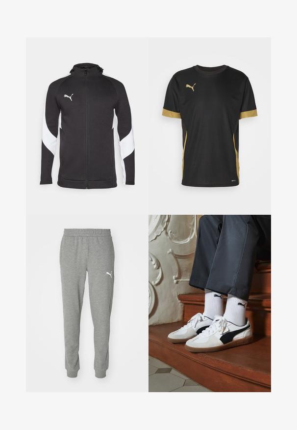 Juoda sportinė striukė su baltomis šoninėmis juostelėmis, pilnas užtrauktukas, aukštas apykaklė ir mažas sidabrinis logotipas ant krūtinės. Pagaminta iš tekstūrinės medžiagos.; Juodas sportinis marškinėliai su auksiniais akcentais ant rankovių ir šonų. Turi apvalų kaklą, trumpas rankoves ir drėgmę praleidžiančią DRYCELL medžiagą.; Pilkos sportinės kelnės, pagamintos iš minkštos medžiagos, turi elastinį juosmenį, siaurėjančias kojas ir baltą logotipą kairėje šono dalyje.; Puma sportbačiai baltoje ir juodoje zomšo spalvų derinys, su rudu guminio pado apdaila. Derinama su baltais kojiniais, kuriuose pavaizduota juoda logotipas, dėvimi su tamsiomis kelnėmis.
