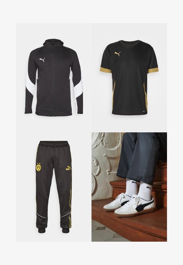 Chaqueta deportiva negra con paneles laterales blancos, cierre completo, cuello alto y un pequeño logo plateado en el pecho. Fabricada con tejido texturizado.; Camiseta deportiva negra con acentos dorados en las mangas y los laterales. Presenta un cuello redondo, mangas cortas y tejido DRYCELL que absorbe la humedad.; Pantalones deportivos negros con los logotipos amarillos de Borussia Dortmund BVB 09 y Puma King, banda elástica en la cintura y rayas laterales amarillas con un diseño.; Zapatillas Puma en gamuza blanca y negra, con una suela de goma marrón. Combinadas con calcetines blancos que muestran un logo negro, llevados con pantalones oscuros.
