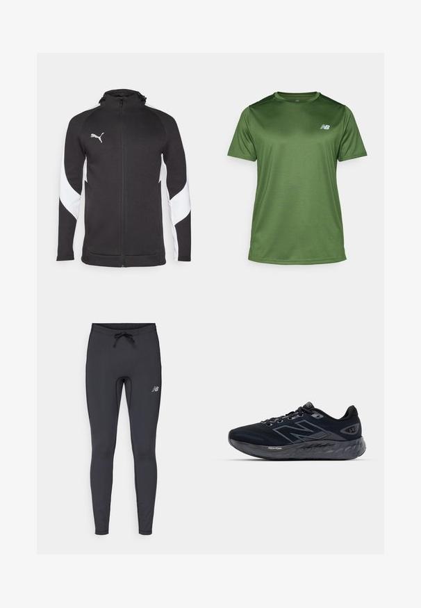 Casaco desportivo preto com painéis laterais brancos, fecho completo, gola alta e um pequeno logótipo prateado no peito. Feito de tecido texturizado.; New Balance T-shirt desportiva - dark alpine green; Leggings atléticas pretas feitas de tecido elástico. Apresentam um cós com cordão e um pequeno logótipo refletor na parte frontal da coxa direita.; Ténis de corrida masculinos em malha preta com uma sola cinza espessa, textura circular e detalhes refletivos. Apresenta o logótipo "New Balance" de um lado.