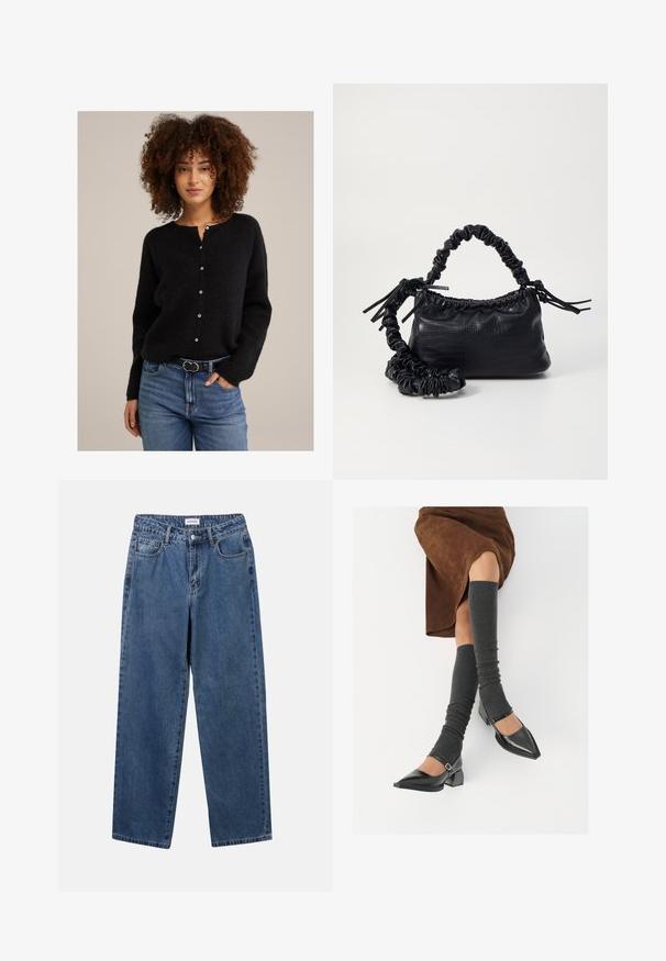 Črn pleten kardigan z teksturo, okroglim izrezom in gumbnim zapiranjem. Nošen čez modre kavbojke, z značilnim pasom s krožno sponko.; Bela majica s kratkimi rokavi iz lahkega bombaža. Ima okroglo ovratnik in zavite rokave. Rdeča oznaka z logotipom na ovratniku.; Klasične modre jeans hlače s ravnim krojem, petimi žepi in gumbom za zapiranje. Imajo srednje pranje in trdno teksturo.; Črne lakirane čevlje s pointy prsti in blok peto ter z naramnicami za gleženj, ki jih kombiniramo s sivimi rebrastimi nogavicami in rjavim suknjičem iz usnja.; Črna torbica iz umetnega usnja s krokodilovo teksturo, z zvitim vrhom in zmečkano naramico. Zdi se mehka in kompaktna v oblikovanju.