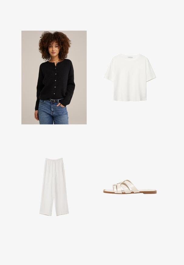 Svart, texturerad stickad cardigan med rund halsringning och knäppning med knappar. Buren över blå jeans, har en tunn bälte med ett runt spänne.; Vit t-shirt med kort ärm i bomull. Har en rundad halsringning och en avslappnad passform. Slät textur utan synliga mönster eller detaljer.; Vita vida byxor i vid passform gjorda av ett lättviktsmaterial. Har en elastisk midja med dragsko och sidofickor. Slät textur.; Platta sandaler med en brun gummisula, designade med tre överlappande vita läderspännen och en liten rosett i mitten.