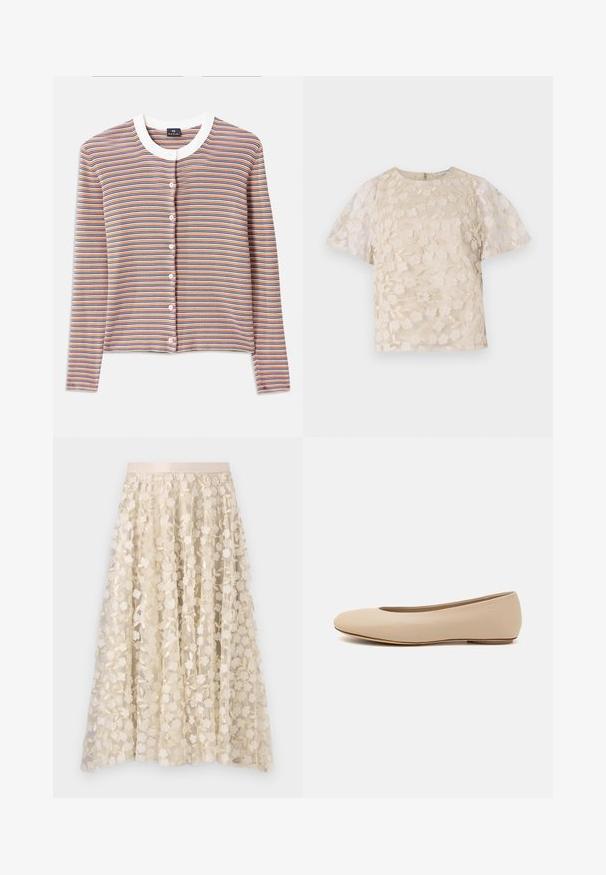 Gestreifter Cardigan mit langen Ärmeln, mit einem weißen Rundhalsausschnitt und Knopfverschluss. Die Farben umfassen Orange, Blau und Creme in horizontalen Streifen.; Beige Bluse mit floralem Stickmuster, durchsichtigen Puffärmel, Rundhalsausschnitt und Reißverschluss hinten. Texturiertes Blumenmuster auf der Vorderseite.; Blumenstickerei auf einem transparenten, crèmefarbenen Rock mit einem Satinbund. Das Design zeigt kleine, zarte Blumen und Blätter.; Beige Leder-Ballerina mit runder Zehenform, minimaler Nahtgestaltung, niedrigem Absatz und dezentem Logo auf der Rückseite. Glatte, matten Oberfläche.