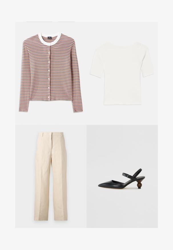Pruhovaný kardigán s dlhými rukávmi, s bielym okrúhlym výstrihom a zapínaním na gombíky. Farby zahŕňajú oranžovú, modrú a krémovú v horizontálnych pruhoch.; Biely rebrovaný krátky rukáv s širokým výstrihom. Textúra má vertikálne pruhy, čo zvýrazňuje priliehavý strih a jednoduchý dizajn.; Béžové ľanové nohavice vo voľnom strihu, s plisovaným predným dielom a rovnými nohavicami. Majú pás s pútkami na opasok a bez viditeľných vreciek.; Čierna kožená slingback obuv s špicatou špičkou, zakriveným dizajnom a okrúhlou drevokatou pätou. Obsahuje úzky popruh okolo členka.