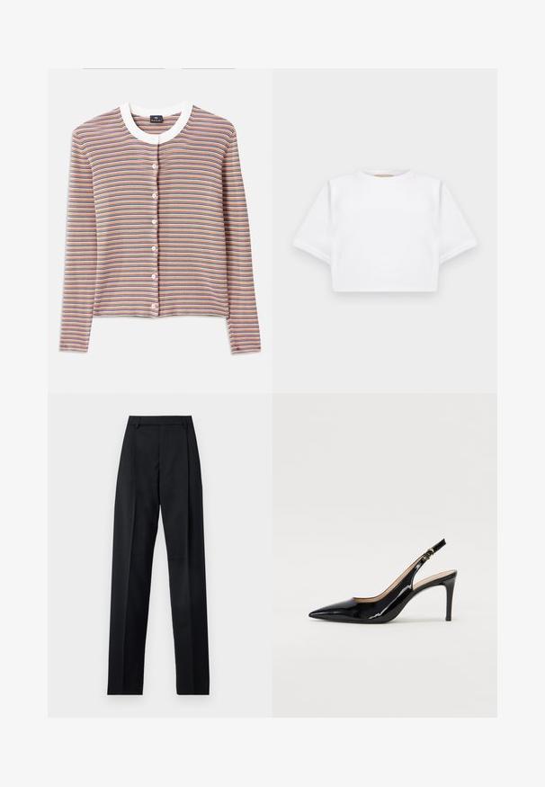 Cardigan rayé à manches longues, avec un col rond blanc et une fermeture à boutons. Les couleurs incluent l'orange, le bleu et la crème en rayures horizontales.; T-shirt blanc court en tissu doux, avec des manches courtes, un col rond et des détails en côtes sur l'ourlet. Design simple et sans embellissement.; Pantalon noir en tissu lisse avec taille haute, jambes larges, plis à l'avant et passants de ceinture classiques. Pas de poches latérales visibles.; Pompe slingback en cuir verni noir avec un bout pointu, un talon fin et un design de découpes subtil. Elle dispose d'une boucle dorée sur la sangle.