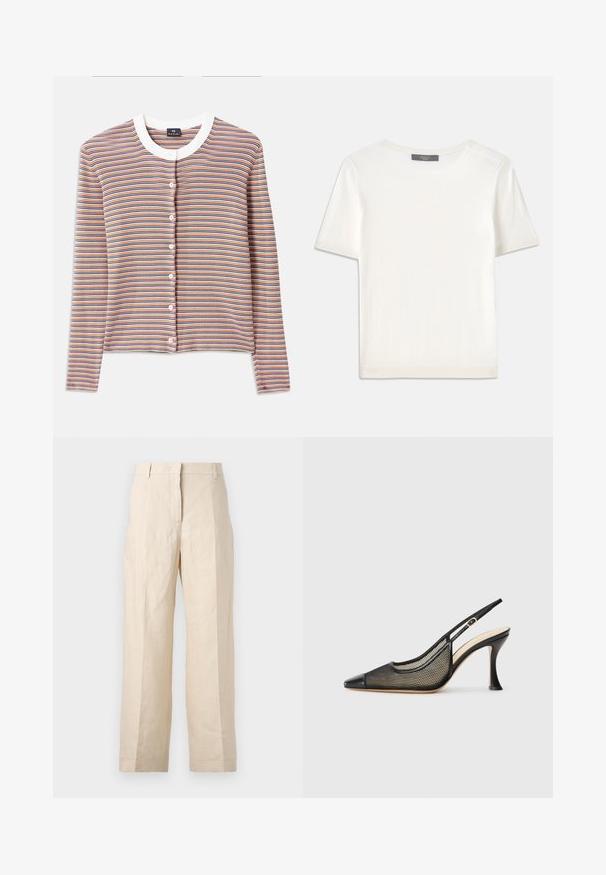 Sweter kardigan w paski z długimi rękawami, z białym okrągłym dekoltem i zapięciem na guziki. Kolory obejmują pomarańczowy, niebieski i kremowy w poziome paski.; Biała krótki rękaw dzianinowa bluzka z okrągłym dekoltem, charakteryzująca się gładką teksturą i subtelnymi prążkowanymi akcentami na rękawach oraz u dołu.; Beżowe spodnie lniane o luźnym kroju, z plisowanym przodem i prostymi nogawkami. Posiadają pasek w talii z szlufkami i brak widocznych kieszeni.; Czarne sandały na obcasie z odkrytym piętą, z ostrym noskiem, siateczkowymi detalami i gładką skórzaną nakładką. Kolory obejmują czarne i beżowe akcenty.