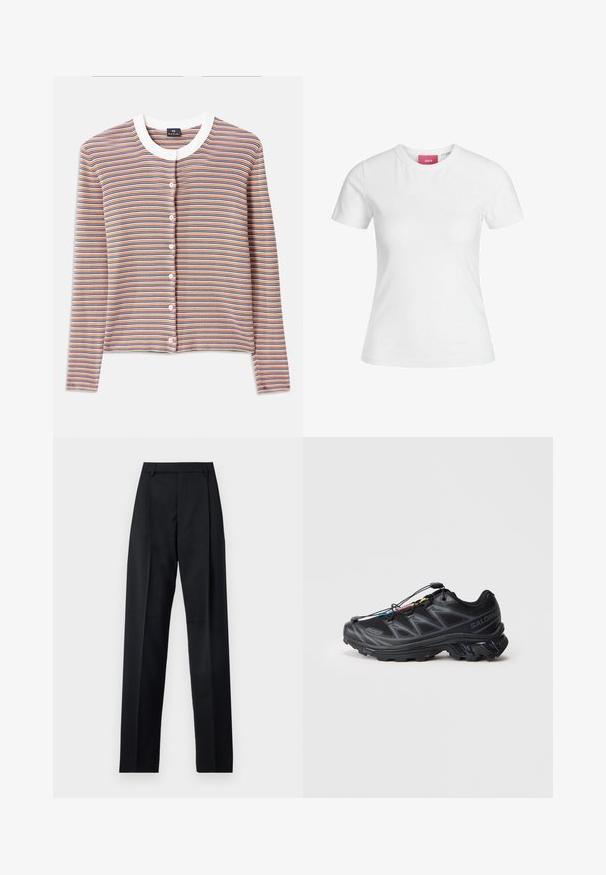 Prugasta jopica z dolgimi rokavi, ki ima bel okrogli ovratnik in zapenjanje s gumbi. Barve vključujejo oranžno, modro in kremasto v vodoravnih progah.; Bela bombažna majica s kratkimi rokavi in okroglim izrezom. Ima roza oznako na notranji strani ovratnika. Gladka struktura.; Črne hlače iz gladkega materiala, ki imajo visok pas, široke noge, sprednje nabore in klasične zanke za pas. Nevidni stranski žepi.; Črne športne čevlje z teksturirano mrežasto zgornjim delom, ojačanim prstom in sistemom hitrega vezanja. Imajo trden podplat in rahlo dvignjen peti.