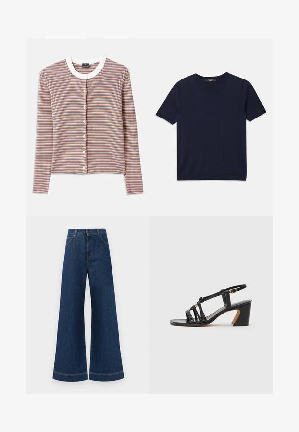 Raidallinen neuletakki pitkillä hihoilla, jossa valkoinen pyöreä pääntie ja nappikiinnitys. Värit sisältävät oranssia, sinistä ja kermaista vaakaraitaa.; Sotilasmustan lyhythihaisen T-paidan, joka on valmistettu pehmeästä kankaasta, pyöreä pääntie ja ribbaborduurit, sileä rakenne ja ei näkyviä kuvioita.; Siniset farkut leveällä lahkeella ja korkealla vyötäröllä, jossa on nappikiinnitys, vyölenkit sekä huomaamattomat tikkaus yksityiskohdat taskuissa ja lahkeissa.; Paul Smith AMIRA - Avokkaat - black