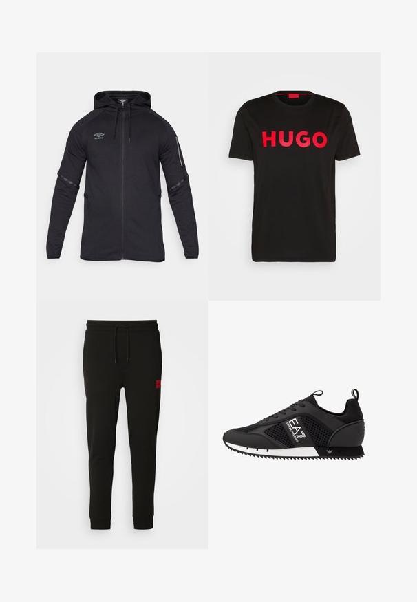 Sweatshirt preto com fecho éclair, capuz ajustável, mangas compridas, bolsos laterais e detalhes decorativos em padrões nas mangas. Feito de um tecido macio e elástico.; T-shirt de algodão preto com o texto "HUGO" em vermelho intenso na parte da frente, mangas curtas, decote redondo e um corte relaxado.; Calças de treino pretas feitas de um tecido macio, com cintura elástica ajustável, ajuste slim e um emblema vermelho na coxa esquerda.; EA7 Emporio Armani Sapatilhas - black/white