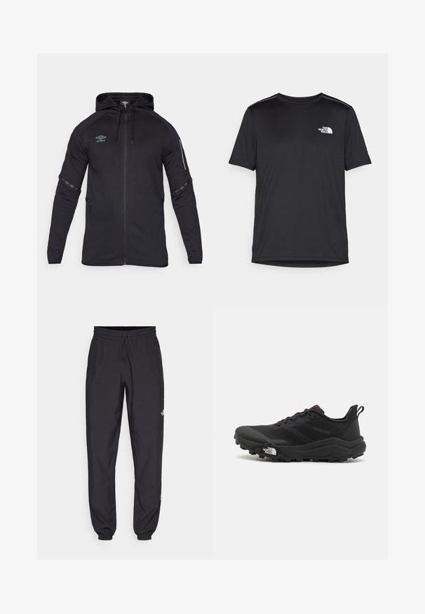 Felpa nera con zip, cappuccio con cordino, maniche lunghe, tasche laterali e decorazioni a motivo sugli avambracci. Realizzata in un tessuto morbido e elasticizzato.; T-shirt nero a maniche corte realizzata in tessuto leggero. Presenta un piccolo logo bianco sul lato sinistro del petto e delicati dettagli sulle spalle.; Pantaloni sportivi neri realizzati in tessuto leggero, con vita regolabile con cordino, tasche laterali e orli affusolati alle caviglie.; Scarpa da trail running nera con tomaia texture, suola in gomma e punta rinforzata. Presenta un collare imbottito e un tassello per un indossamento facile.