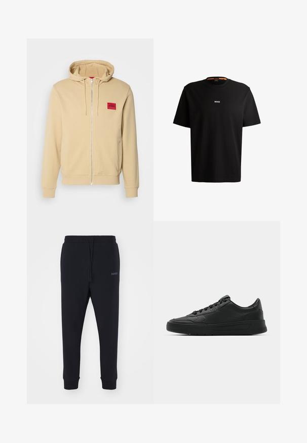 Beidzēts beidžs ar rāvējslēdzēju, izgatavots no mīkstas kokvilnas maisījuma, ar sarkanu kvadrāta logotipa uzlīmi uz kreisā krūšu daļas. Iekļauj kapuci ar aukliņu un sānu kabatām.; Melnas kokvilnas T-krekls ar apaļu kakla izgriezumu, īsām piedurknēm un baltu "BOSS" logo centrā uz krūšu daļas. Gluda tekstūra, ikdienišķs griezums.; Melnas sporta bikses, izgatavotas no mīksta materiāla ar elastīgu jostasvietu, auklu un sašaurinātām kājām. Iekļauta arī maza emblēma sānos.; Melnās kedas ar gludu ādas augšpusi, apaļu purngalu, plakaniem šņorēm, mīkstinātu apkakli un minimālistisku dizainu. Gumijas zole ar smalku rakstu.