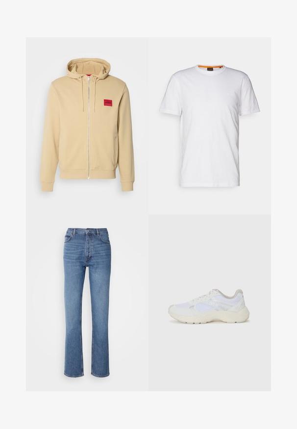 Sudadera con cremallera en color beige, hecha de una suave mezcla de algodón, con un parche cuadrado rojo en el lado izquierdo del pecho. Incluye capucha con cordón y bolsillos laterales.; Camiseta de algodón blanca con cuello redondo, mangas cortas y un sutil logo en relieve en el pecho. La etiqueta interior tiene un acento naranja.; Jeans de mezclilla azul con cintura alta, diseño de pierna recta y un ligero desgaste. Presentan un estilo clásico de cinco bolsillos y un cierre de cremallera.; Zapatillas deportivas blancas hechas de malla y ante, con una entresuela texturizada, acentos texturizados y el logo "HUGO" en el lateral.