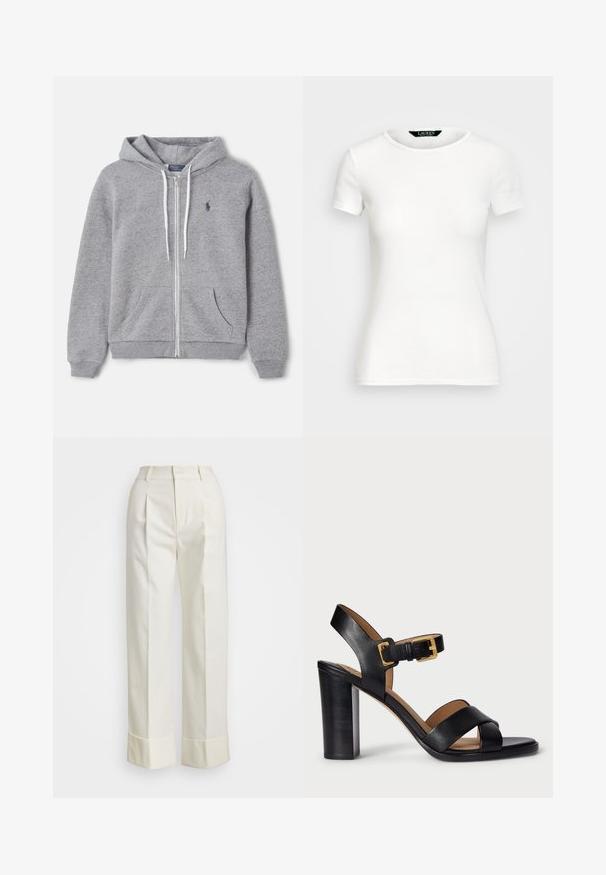 Grå hettegenser med glidelås laget av mykt stoff. Har snor til hetten, frontlommer og en liten marineblå logo på venstre bryst.; Hvit bomulls T-skjorte med kort erme, rund hals, tettsittende design og glatt tekstur. Logomerke ved halsen.; Hvite skreddersydde bukser med høy midje, doble frontfold, og vide ben med brettede mansjetter. Laget av et glatt, teksturert stoff.; Svarte lær hæler med krysset stroppdesign og spenning. Har en kraftig hæl og glatt tekstur.