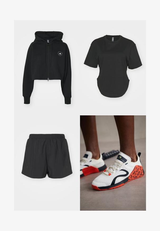Svart avkortet hettegenser laget av myk stoff, med glidelås foran og snor i hetten. Inkluderer et rundt logo på brystet.; Svart T-skjorte med kort erme laget av bomull. Rund hals med buet kant og sidespalter. Glatt tekstur, avslappet passform.; Sorte løpeshorts med elastisk midje, lett stoff og teksturert design med subtile sideaksenter.; Hvite athletic sko med svart og oransje leopardmønster. Har en teksturert stoffoverdel, gummisåle og snøresystem.
