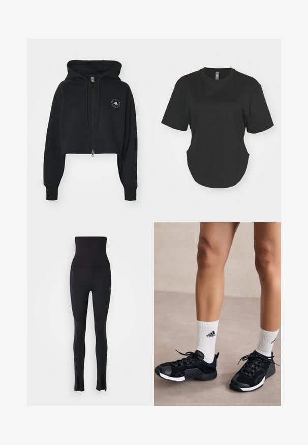 Cappuccio corto nero realizzato in tessuto morbido, con cerniera frontale e cappuccio regolabile con cordino. Include un logo circolare sul petto.; T-shirt nera a maniche corte in cotone. Collo rotondo con orlo curvo e spacchi laterali. Tessuto liscio, vestibilità casual.; adidas by Stella McCartney Leggings - black; Scarpe da ginnastica nere con una tomaia testurizzata, dettagli bianchi e un sistema di allacciatura sicuro, abbinate a calze bianche a coste con un logo.