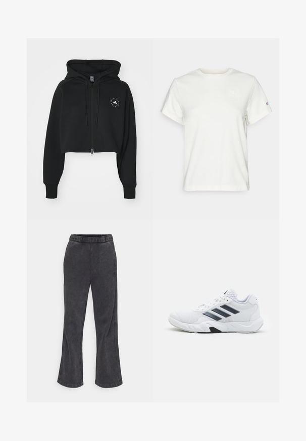 Svart avkortet hettegenser laget av myk stoff, med glidelås foran og snor i hetten. Inkluderer et rundt logo på brystet.; Hvit kortermet bomulls T-skjorte med rund hals og en liten logo øverst til venstre på brystet. Myk tekstur og standard passform.; Utsvingte joggebukser i mørkegrått stoff med myk tekstur. Har elastisk midjebånd og brodert logo på siden.; Hvit sportsko med mesh-overdel, tre svarte striper på siden, teksturerte detaljer og en solid gummisåle med en kontrasterende svart seksjon.