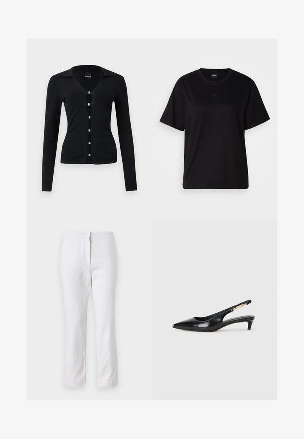 Juodas ilgomis rankovėmis kardiganas su V formos iškirpte, banguota tekstūra ir šešiais sidabrinio tono mygtukais priekyje. Minkštas, prigludęs dizainas.; Juodas medvilninis marškinėliai su apvalia iškirpte, trumpomis rankovėmis ir siuvinėjimu ant krūtinės. Paprastas, laisvas siluetas be raštų.; Balti medvilniniai kelnių su tiesiu kojų dizainu, turintys vidutinį liemenį ir be matomų detalių ar raštų. Lygi tekstūra visame paviršiuje.; Juodas odinis pavasario batelių modelis su smailiu nosiu, turintis siaurą kulniuką ir auksinės spalvos akcentu reguliuojamoje juostoje. Lygi tekstūra.