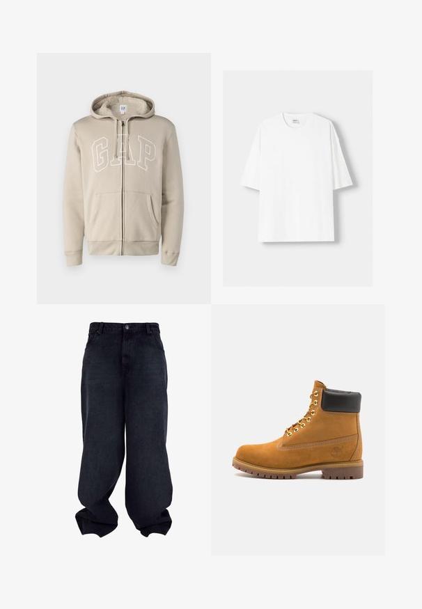 GAP - Bluza z kapturem; Biała koszulka z krótkim rękawem wykonana z bawełny, z okrągłym dekoltem i luźnym krojem. Gładka faktura, bez widocznych wzorów lub akcentów.; Czarne dżinsowe spodnie typu wide-leg o gładkiej fakturze, z pięcioma kieszeniami i zapięciem na guzik. Charakteryzują się luźnym krojem i zwężonym dołem.; Beżowe zamszowe botki sięgające kostki z czarną wyściełaną krawędzią, złotymi oczkami, białymi detalami szycia oraz wytrzymałą gumową podeszwą z wyraźnym bieżnikiem.
