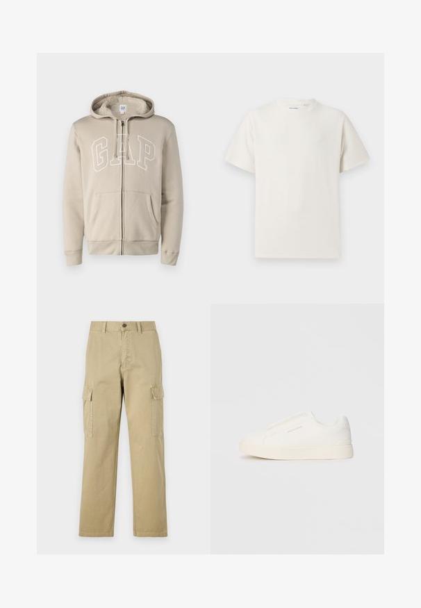 GAP ARCH - Sweat à capuche - bedrock; T-shirt blanc à manches courtes en texture côtelée. Encolure ronde, coupe décontractée, sans motifs ni accents visibles. Design simple et polyvalent.; Pantalons cargo beiges en coton, dotés de deux poches latérales, d'une fermeture à bouton et de jambes droites avec un tissu légèrement texturé.; Baskets blanches sans lacets avec une surface texturée, une semelle épaisse et un design minimaliste. Présente le logo de la marque sur le côté.