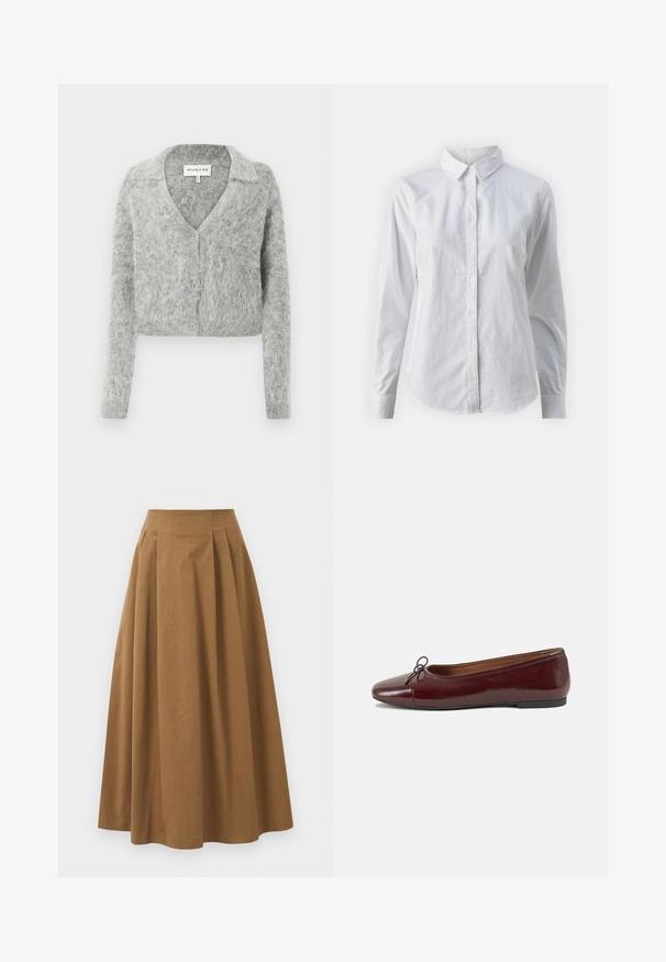 Világosszürke, rövidített kardigán puha, bolyhos anyagból. V-alakú nyakkivágással, gombos záródással és hosszú ujjal rendelkezik, amely texturált felülettel bír.; Fehér, sima pamutből készült gombos ing, klasszikus gallérral, hosszú ujjakkal és ívelt hemvéggel. A gombok kicsik és fehérek.; Barna pamut A-vonalú szoknya magas derékkal, elöl pliszézett és sima textúrával. Az alsó szegélyek letisztultak és egyszerűek.; Burgundi lakkbőr balettcipő kerek orral, elöl kis masni díszítéssel és alacsony, fekete gumi talppal. Simára csiszolt felület.