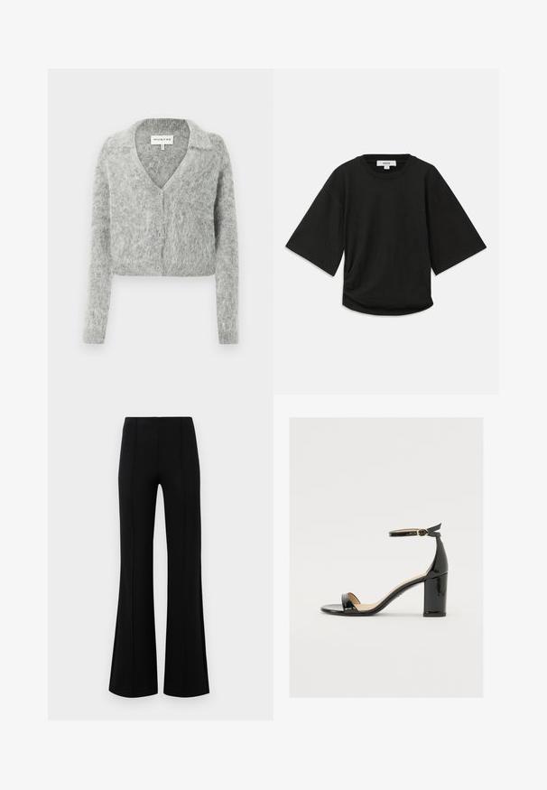 Light gray cropped cardigan made of soft, textured material with a v-neck, long sleeves, and two front buttons. Label visible inside.; Black short-sleeve t-shirt made of soft cotton, featuring a round neckline and a relaxed fit with a subtle gathered detail at the side.; Black flared pants with a high waist, made of stretchy fabric. Features vertical seam details on the front and a smooth texture.; Black patent leather sandal with a wide heel, open toe, and ankle strap featuring a gold buckle. Smooth texture and sleek design.