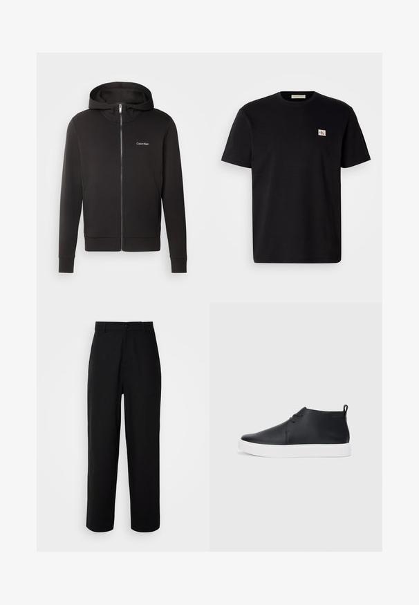Black zip-up hoodie with a hood, made of soft fabric. Features a small white "Calvin Klein" logo on the chest and ribbed cuffs.; Black cotton t-shirt with short sleeves, crew neck, and a small embroidered logo on the left chest. Smooth texture, regular fit.; Black trousers made of a smooth fabric, featuring a straight-leg design, a front button closure, and side pockets.; Black leather high-top sneakers with a smooth finish, white rubber sole, and simple lace-up design. Features a pull tab at the back.
