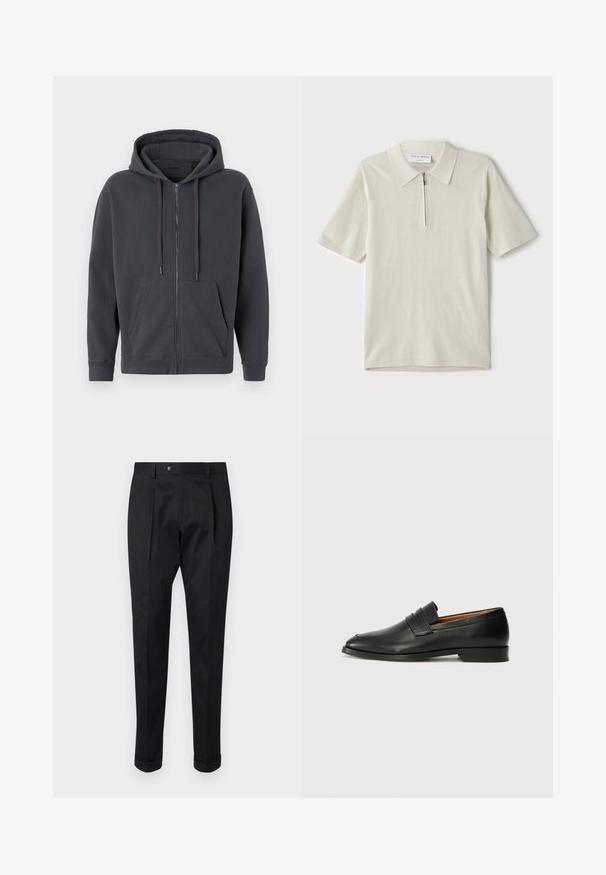 Temno siva zip-hoodie s kapuco na vrvico, sprednjimi žepi, rebrastimi manšetami in mehkimi materiali. Enostavna zasnova, brez vzorcev ali dodatkov.; Polo majica s kratkimi rokavi v svetlo bež barvi z zadrgo pri ovratniku. Narejena iz gladkega materiala, ima preprost, sodoben dizajn brez vzorcev.; Črne hlače iz gladkega materiala, z zavihkom spredaj, gumbom za zapiranje in zvitim robom ob gležnjih.; Črne usnjene loferice z zaobljenim prstom, subtilnim šivanjem in nizkim petam, ki se odlikujejo po gladki teksturi in minimalističnem oblikovanju.