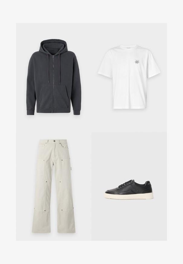 Hanorac cu fermoar de culoare gri închis, cu glugă cu șnur, buzunare frontale, manșete ribbate și o textură moale. Design simplu, fără modele sau accente.; Tricou alb din bumbac, cu mâneci scurte, guler rotund și un mic logo gri în zona stângă a pieptului. Textură netedă.; Pantaloni largi, de culoare bej deschis, confecționați din bumbac cu o textură netedă, având buzunare aplicate și accente din metal.; Pantofi sport negri din piele cu finisaj texturat, vârf rotund și talpă plată din cauciuc alb. Dispune de șireturi negre și branding pe toc.