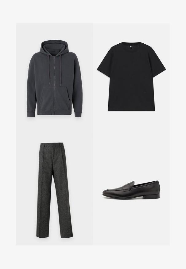 Czarny szary hoodie na zamek błyskawiczny z kapturem ze sznurkiem, przednimi kieszeniami, ściągaczami przy mankietach i miękką fakturą. Prosty design, bez wzorów czy akcentów.; Czarna koszulka z krótkim rękawem wykonana z bawełny, z okrągłym dekoltem i małym detalem logo blisko dolnej krawędzi. Gładka faktura, standardowy krój.; Szare spodnie o dopasowanym kroju wykonane z teksturowanej tkaniny, z dwoma fałdami z przodu i prostymi nogawkami. Brak widocznych kieszeni i zdobień.; Czarne skórzane loafersy o eleganckim designie, z zaokrąglonym noskiem i niskim, warstwowym obcasem. Posiadają dekoracyjny detal w postaci szwu na cholewce.