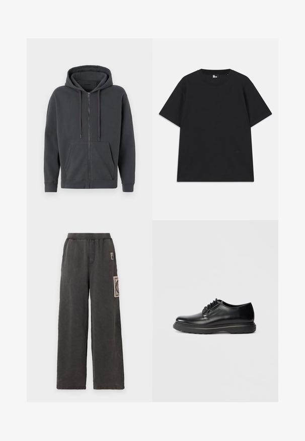 Tumehall hallituskaelusega kapuutsiga, ees taskute ja soonikkoes käistega. Lihtne disain, ilma mustrite ja aktsentideta.; Must värviline lühikeste varrukatega T-särk, mis on valmistatud puuvillast, ümmarguse kaelusega ja väikese logo detailiga allääres. Sile tekstuur, regulaarne lõige.; Tumed hallid laiad püksid, millel on dekoratiivne plaastriga esikott ja mugavuse tagamiseks elastne vöökoht.; Mustmust lakkprintsaapad, millel on paks tald ja küljele on reljeefselt pressitud "WATERMAN", esitatud profiilis helesinise tausta ees.