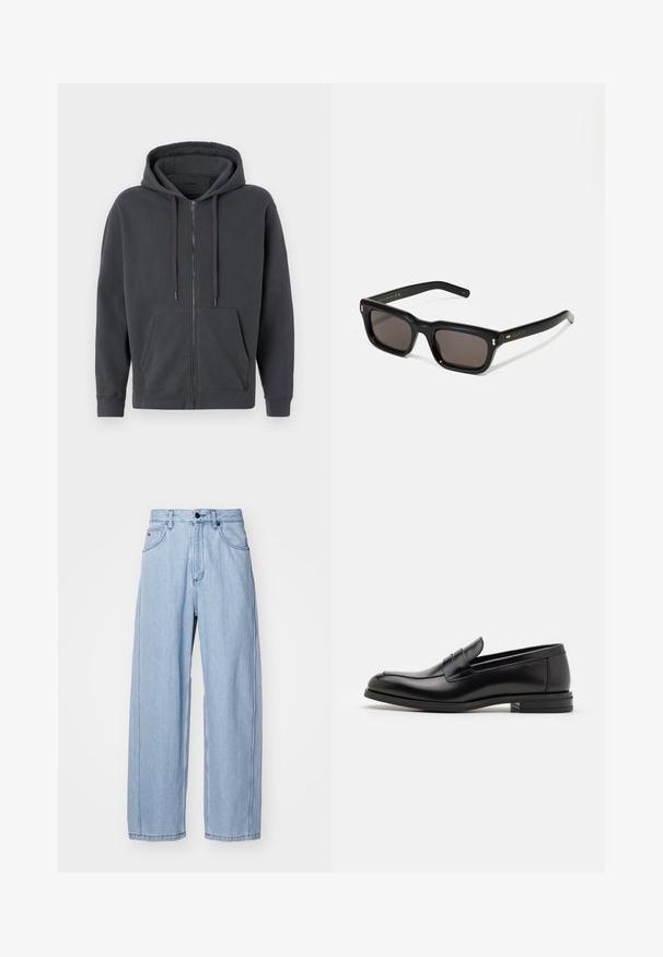 Dunkelgrauer Reißverschluss-Hoodie mit Kordelzugkapuze, Fronttaschen, gerippten Bündchen und einer weichen Textur. Einfaches Design, keine Muster oder Akzente.; Weiße Baumwoll-T-Shirt mit kurzen Ärmeln, rundem Ausschnitt, lockerer Passform und ohne sichtbare Logos oder Muster. Glatte Textur und minimalistisches Design.; Helle blaue Denim-Jeans im weit geschnittenen Design, mit Fronttaschen, einem Knopfverschluss und detaillierten Nähten entlang der Säume.; Schwarze Lederloafers mit glatter Textur, rundem Zehenbereich und einem dekorativen Riemen über dem Vorderfuß. Niedriger, gestapelter Absatz, minimalistisches Design.; Schwarze rechteckige Sonnenbrille mit dunklen Gläsern, dickem Kunststoffrahmen, goldenen Akzenten an den Bügeln und eingraviertem Markenlogo am Arm.