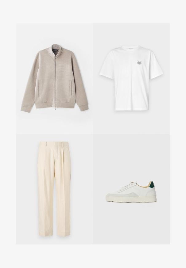 Beige zipová bunda s texturovanou látkou, stojatým límcem a dvěma předními kapsami. Má jemný vzor a pletené manžety.; Bílá bavlněná trička s krátkým rukávem, kulatým výstřihem a malým šedým logem na levé části hrudi. Hladká textura.; NN.07 KAY - Kalhoty - off white; Bílé tenisky se semišovými prvky, kulatou špičkou, plochými tkaničkami a krémovou gumovou podrážkou. Na patě mají zelené logo.