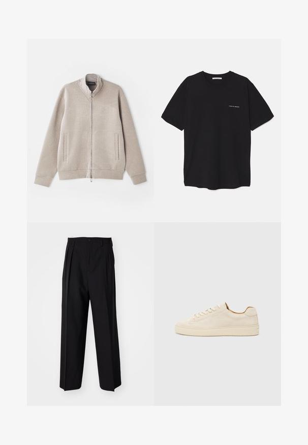Beige zip-up jakke med teksturert stoff, stående krage og to frontlommer. Har et subtilt mønster og strikkede mansjetter.; Svart bomull T-skjorte med rund hals, korte ermer, og hvit logo trykk på venstre bryst. Enkel, ensfarget design.; Sorte plissert bukser med en rett, bred benform. Laget av glatt stoff, med knappelukking og beltehemper.; Beige semsket sportssko med lav topp, rund tå, flate lisser og en teksturert gummisåle. Minimalistisk stil uten synlige logoer.