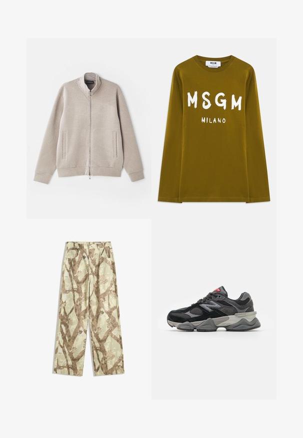 Beige cipzáras dzseki, textúrált anyagból, állógallérral és két elülső zsebbel. Finom mintázattal és kötött mandzsettákkal rendelkezik.; Olíva zöld, hosszú ujjú pamut póló, elöl nagy fehér "MSGM" és "MILANO" felirattal.; Könnyű anyagból készült, világos zöld árnyalatú nadrág, amely barna faág mintázattal, széles lábakkal és két elülső zsebbel rendelkezik.; Fekete és szürke sportcipő, amely velúr és hálós anyagok keverékéből készült, vastag talppal, hangsúlyos logóval és piros akcentussal a nyelvén.