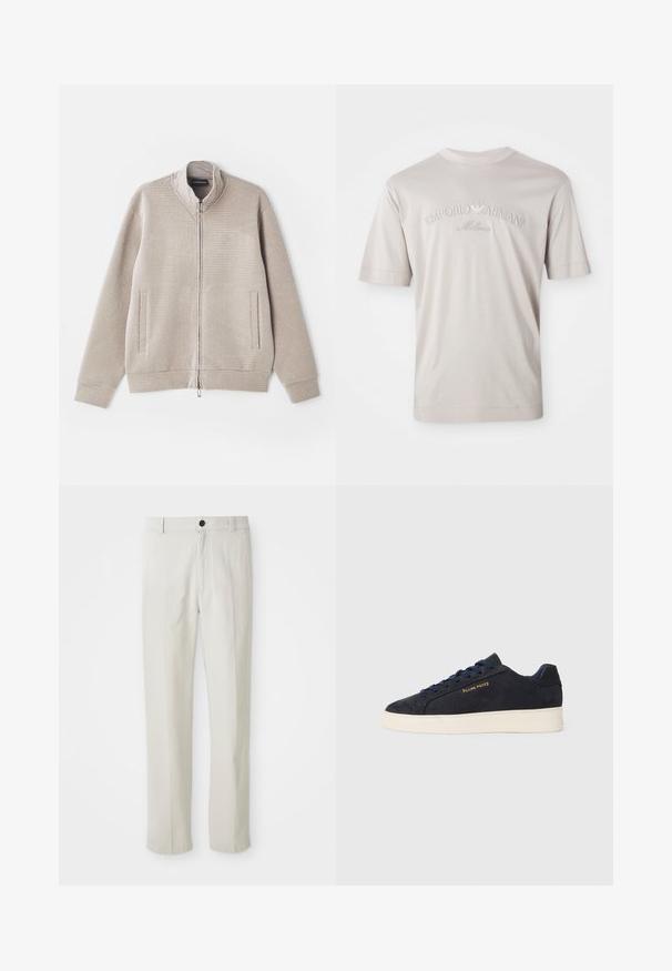 Beige zip-up jakke med teksturert stoff, stående krage og to frontlommer. Har et subtilt mønster og strikkede mansjetter.; Lys beige kortermet T-skjorte laget av myk stoff, med brodert "Emporio Armani Milano"-logo i en litt mørkere nyanse.; Beige rette benbukser med bæltestropper, frontknap og lynlås lukning, vist fladt på en hvid baggrund.; Marineblå ankelhøyde sneakers i semsket skinn med hvit såle, marineblå snøringer, og "Filling Pieces"-logo i gull på siden.