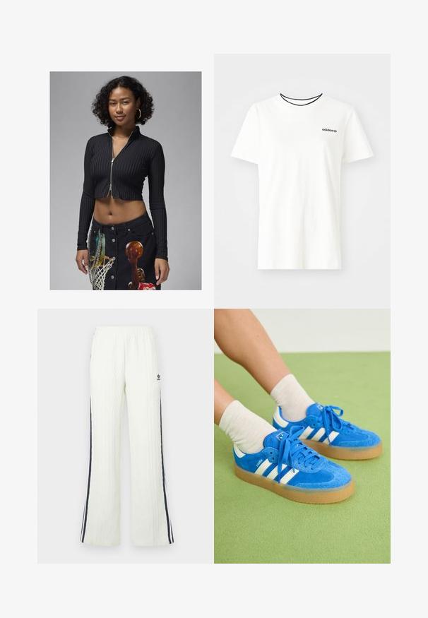 Juodas trumpas užtrauktuku užsegamas viršus su vertikaliomis juostelėmis, ilgomis rankovėmis ir aukštu apykakle, derinamas su juoda džinsine sijonėlė, puoštu grafiniu raštu.; Balta medvilnė marškinėliai su trumpomis rankovėmis ir apvalia iškirpte. Ant krūtinės yra juodas Adidas logotipas, o vidinė apykaklė yra kontrastinga juoda.; Šviesaus kremo spalvos pintos megztos kelnės su išplatėjusiu siluetu. Turi tamsiai mėlynas šonines juostas ir Adidas logotipą ant klubų. Elastinga liemens juosta.; Mėlyni zomšiniai sportbačiai su baltais dryžiais, guminiu padu, apvaliu pirštu ir audiniais raišteliais. Derinami su kremine spalvos kojinėmis ant žaliavos.