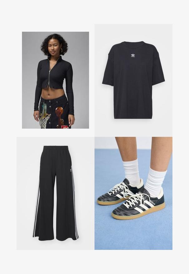 Mustikas värvitud lühikesed tõmbluku ülespoole avatud särk, millel on vertikaalsed triibud, pikad varrukad ja kõrge kaelus, on ühendatud musta denimpükste seeliku ja graafilise mustriga.; Must must t-särk lühikeste varrukatega, ümmargune kaelus, rinnal valge Adidas logo. Lihtne disain, mugav lõige.; Mustad laiad trenni püksid elastse vöökohtaga, millel on valged küljeribad ja tikitud logo vasakul reiel.; Mustad nahast tennisetossud valgete triipudega, ümar nina, valged paelad ja kummist tallad. Esiletõstetud pehmendatud krae ja brändingu detailid.