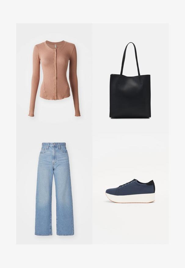Καρντιγκάν μακρυμάνικο από waffle-knit σε απαλή απόχρωση ροζ. Διαθέτει στρογγυλή λαιμόκοψη και μπροστινό άνοιγμα με κουμπιά, με διακριτική ριμπ υφή.; Μαύρο μπλουζάκι από βαμβάκι, με κοντά μανίκια πάνω από ένα λευκό μπλουζάκι με μακριά μανίκια και διακριτό υφασμάτινο σχέδιο. Σχέδιο με στρογγυλή λαιμόκοψη.; Ανοιχτό μπλε ψηλόμεσα παντελόνια φαρδιές μπατζάκια με κλείσιμο μπροστά με κουμπί και φερμουάρ, μπροστά και πίσω τσέπες, σε λευκό φόντο.; Μπλέ αθλητικά παπούτσια με υφασμάτινο πάνω μέρος με υφή, λευκή πλατφόρμα, στρογγυλή μύτη και μαύρη λεπτομέρεια στη φτέρνα. Διαθέτει έξι τρύπες για κορδόνια.; Μαύρη δερμάτινη τσάντα tote με λείο υφή, ορθογώνιο σχήμα και δύο μακριές λαβές. Χωρίς ορατό υλικό ή διακοσμητικά στοιχεία.