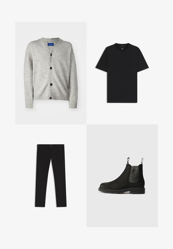 Jack & Jones JOROLLIE CARDIGAN - Cardigan - light grey melange; Black short-sleeve T-shirt made from a smooth cotton blend, featuring a crew neckline and a minimalistic design with no patterns or accents.; Black trousers made of fabric with a smooth texture. Features a button closure, belt loops, and side pockets. Standard straight-leg design.; Black Chelsea boots made of suede with elastic side panels, pull tabs, a rounded toe, and a rugged rubber sole.