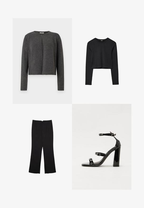 Tummanharmaa pitkähiha hyötytakki, jossa on pyöreä kaula-aukko ja yksi nappi yläosassa, valmistettu pehmeästä neuloksesta.; Mustat pitkät hihat lyhyt toppi, jossa on pyöreä kaula-aukko, yksinkertainen muotoilu ja hieman kaareva helma.; Mustat housut suoralinjaisella leikkauksella, joissa on etutaskut ja sivurei'ät helman alla. Valmistettu pehmeästä ja sileästä kankaasta. Sopii eri tilaisuuksiin.; Musta kiiltäväpintainen korkokengät, joissa on kaksi solkikiinnitystä, neliönmuotoinen kärki ja paksu korko, sileällä, kiiltävällä pintarakenteella.