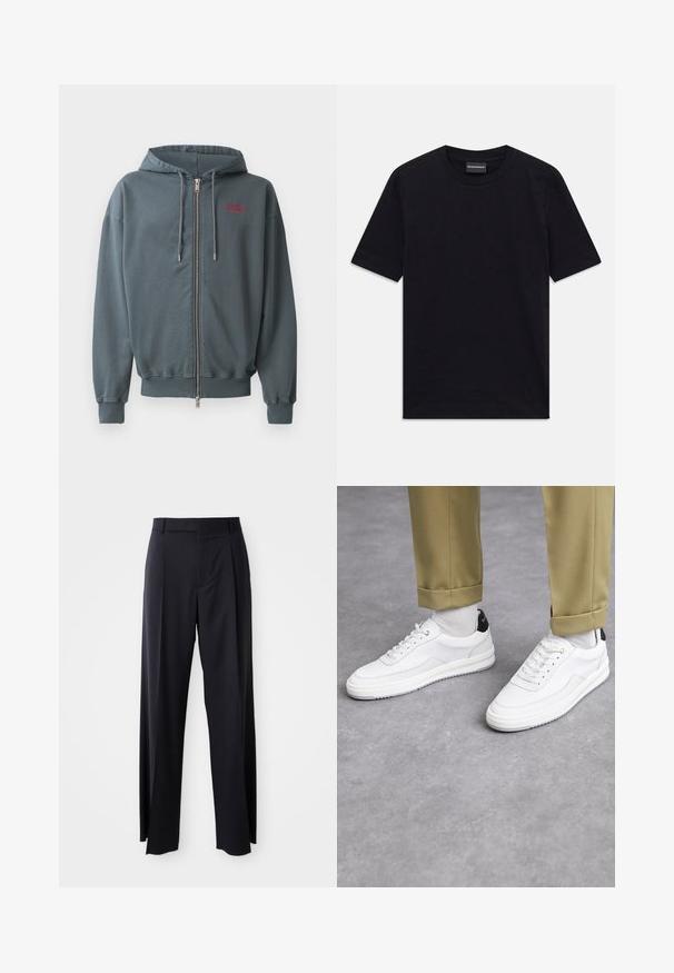 Felpa con cappuccio e zip in misto cotone grigio scuro, con polsini e orlo a costine, caratterizzata da una piccola scritta rossa nella parte superiore sinistra del petto.; T-shirt nero a maniche corte con colletto tondo, con un sottile motivo in rilievo e etichetta del marchio all'interno del colletto, adagiato su uno sfondo bianco.; Pantaloni neri a vita alta con gamba larga, realizzati in tessuto liscio. Presentano pieghe frontali e passanti per cintura. Design minimalista, senza hardware visibile.; Sneaker bianchi con finitura in pelle testurizzata, punta arrotondata e accentuazione nera sul tallone. Suola in gomma con piccolo motivo di battistrada e dettagli cuciti.