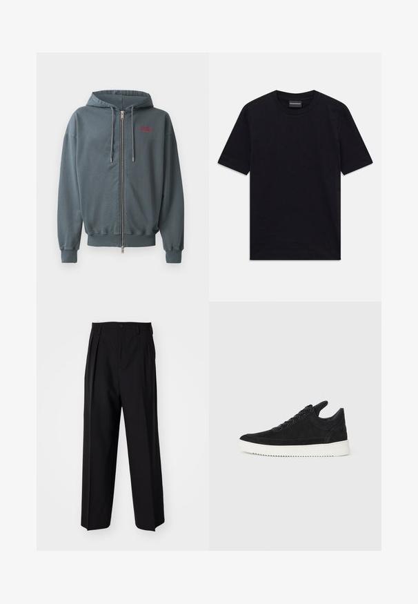 Mikina s kapucňou na zips v tmavosivej bavlnenej zmesi, so žebrovanými manžetami a lemom, s malým červeným textovým motívom na hornej ľavej strane hrude.; Čierne tričko s krátkym rukávom a okrúhlym výstrihom so subtílnym embosovaným vzorom a značkovou nášivkou vo vnútri goliera, položené na bielom pozadí.; Čierne skladané nohavice s rovnom, širokým strihom. Vyrobené z hladkého materiálu, s gombíkovým zapínaním a pútkami na opasok.; čierne semišové tenisky s bielou gumovou podrážkou, s tonálnym prešívaním a šnurovaním. Hladká textúra s moderným, zjednodušeným tvarom.