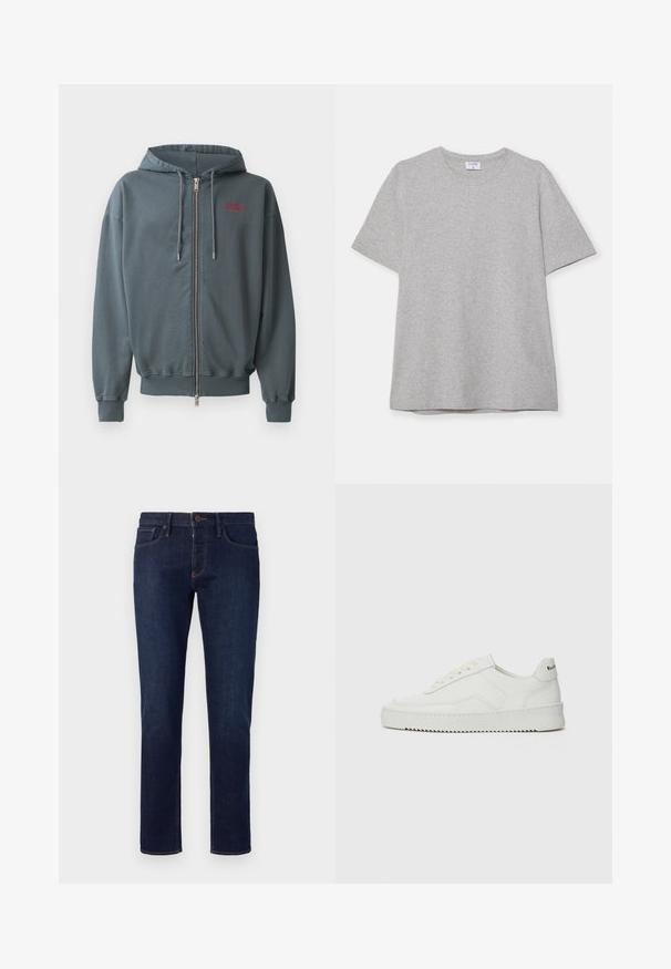 Tumšpelēka kokvilnas maisījuma kapucīna džemperis ar rāvējslēdzēju, ar ribotām piedurknēm un apakšmalu, kā arī mazu sarkanu teksta dizainu augšējā kreisajā krūtī.; Pelēks īsā piedurkņu T-krekls, kas izgatavots no mīkstas, teksturētas auduma. Tam ir klasiskā apļa kakla izgriezums un taisna apakšmalā, piemērots ikdienas valkāšanai.; Emporio Armani 5 POCKETS PANT - Pieguloša piegriezuma džinsi - blue denim; Baltas ādas sneakers ar gludu virsmu, apaļu pirkstu daļu, plakaniem šņorēm un teksturētu zoli. Satur diskrētu logotipu uz papēža.