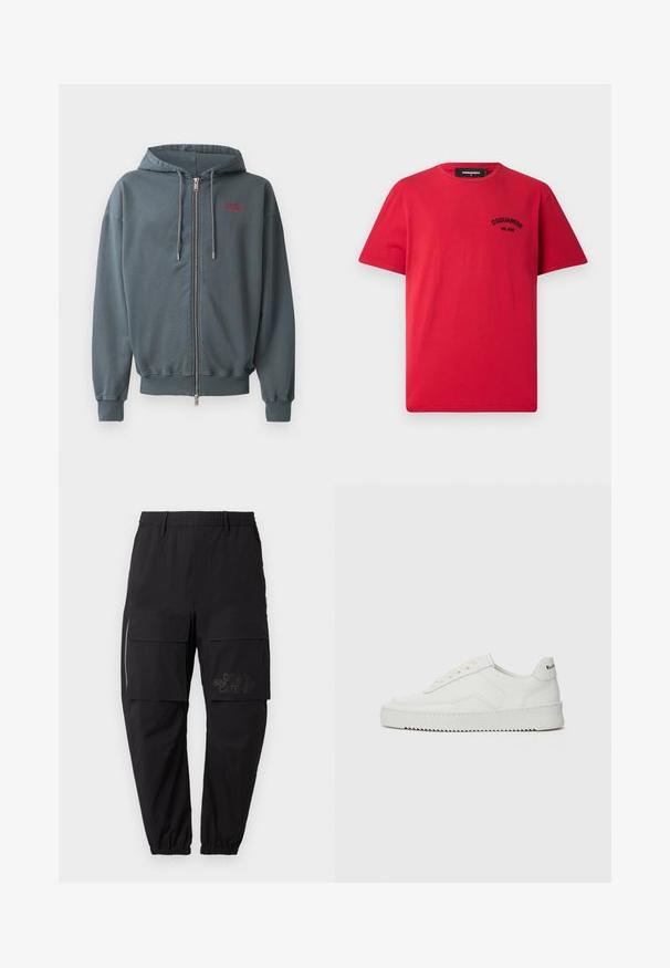 Kapućasta dukserica sa zipom u tamnosivoj mješavini pamuka, koja ima rebraste manžetne i donji rub, s malim crvenim natpisom na gornjem lijevom dijelu prsiju.; Crvena pamučna majica s kratkim rukavima, okruglim izrezom i crnim izvezenim logotipom na lijevoj strani prsnog koša. Jednostavan i čvrst dizajn.; Crne cargo hlače s elastičnim pojasom, koje imaju više bočnih džepova, detalj na zatvarač i suptilan otisak loga na bedru.; Bijele kožne tenisice s glatkom površinom, okruglim vrhom, ravnim vezicama i teksturiranom potplatom. Imaju suptilan logo na peti.