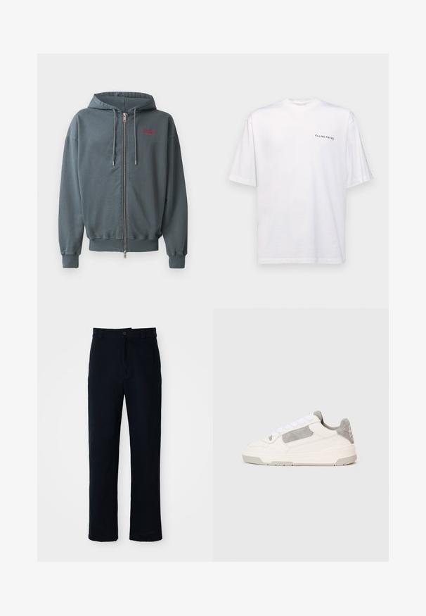 Kapućasta dukserica sa zipom u tamnosivoj mješavini pamuka, koja ima rebraste manžetne i donji rub, s malim crvenim natpisom na gornjem lijevom dijelu prsiju.; Bijela kratka majica s kratkim rukavima od pamuka s V-izrezom, koja na lijevoj strani ima otisnuti crni logotip "FILLING PIECES".; Mornarsko plave hlače od pamuka, s ravnim krojem, prednjim kopčanjem na gumb i klasičnim pojasom s petljama za remen.; Bijele i svijetložute niske tenisice sa bijelim vezicama i akcentima od sued kože, prikazane sa strane na jednostavnoj svijetloj pozadini.